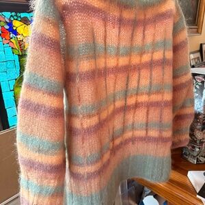 Soft Pastel Tones Striped Oversized Cozy Warm Mohair Sweater (XL)